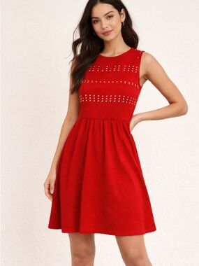 Red Studded Fit & Flare Dress Sleeveless Keyhole Back Medium